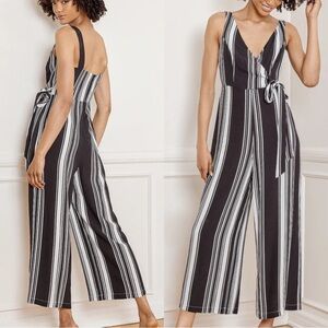 Lulus NWT Sunny Shores Black White Striped Tie-Front Culotte Jumpsuit Sleeveless